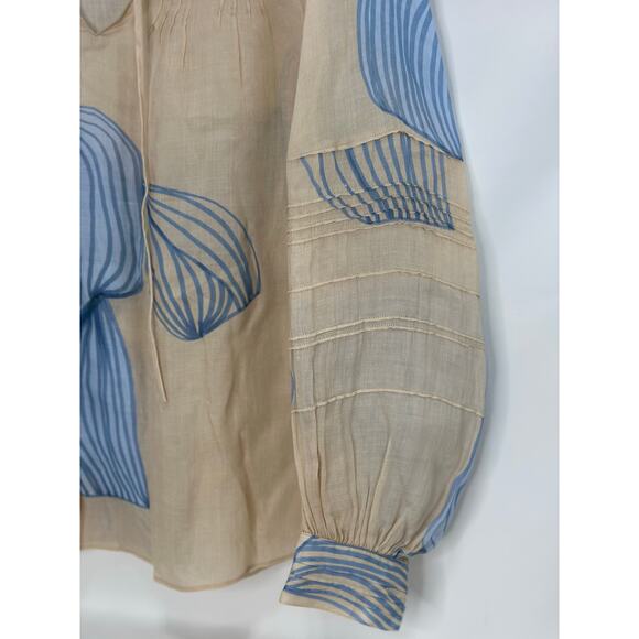 Lafayette 148 Eliza Dune & Light Blue Leaf Print Peasant Blouse | Size XS - Picture 4 of 8